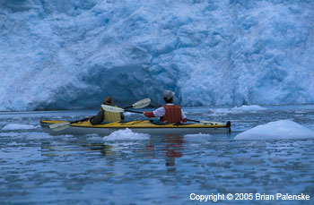 Kayakers in front of Cox Glaciers in Harriman Glaciers Area